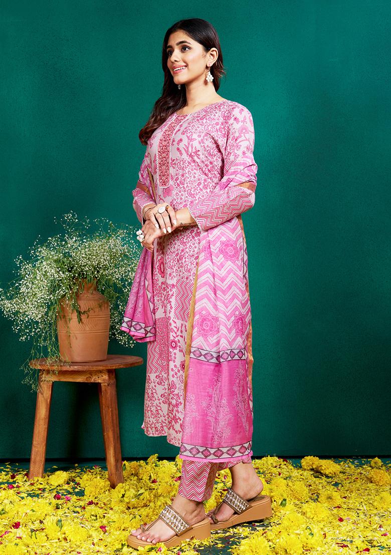 Pink Embroidered Rayon Kurta Set