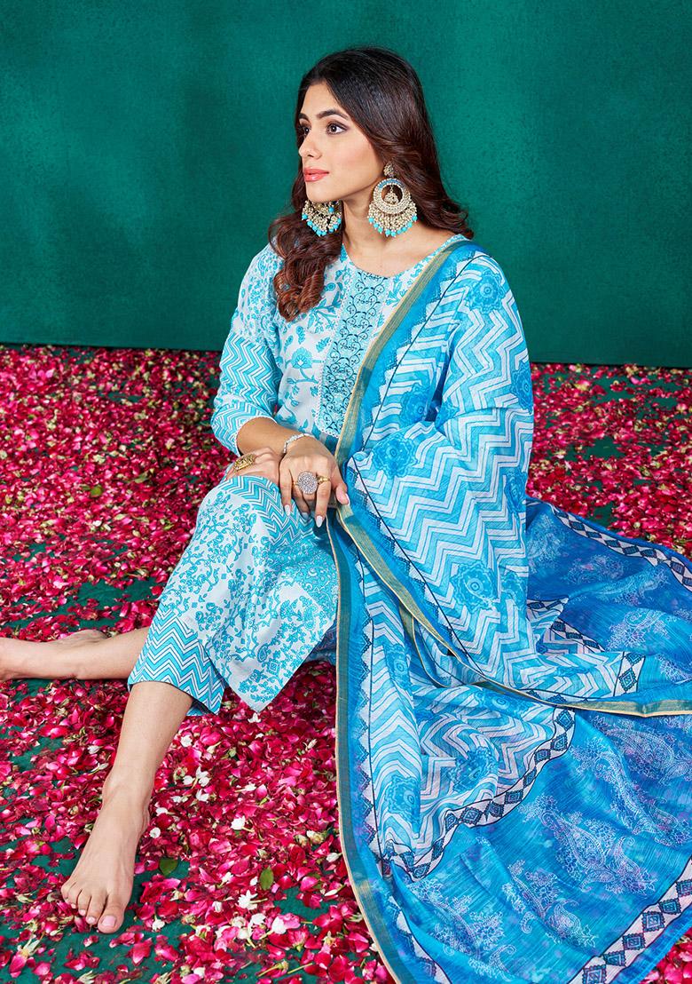 Blue Embroidered Rayon Kurta Set
