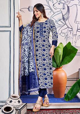 Blue Embroidered Rayon Kurta Set