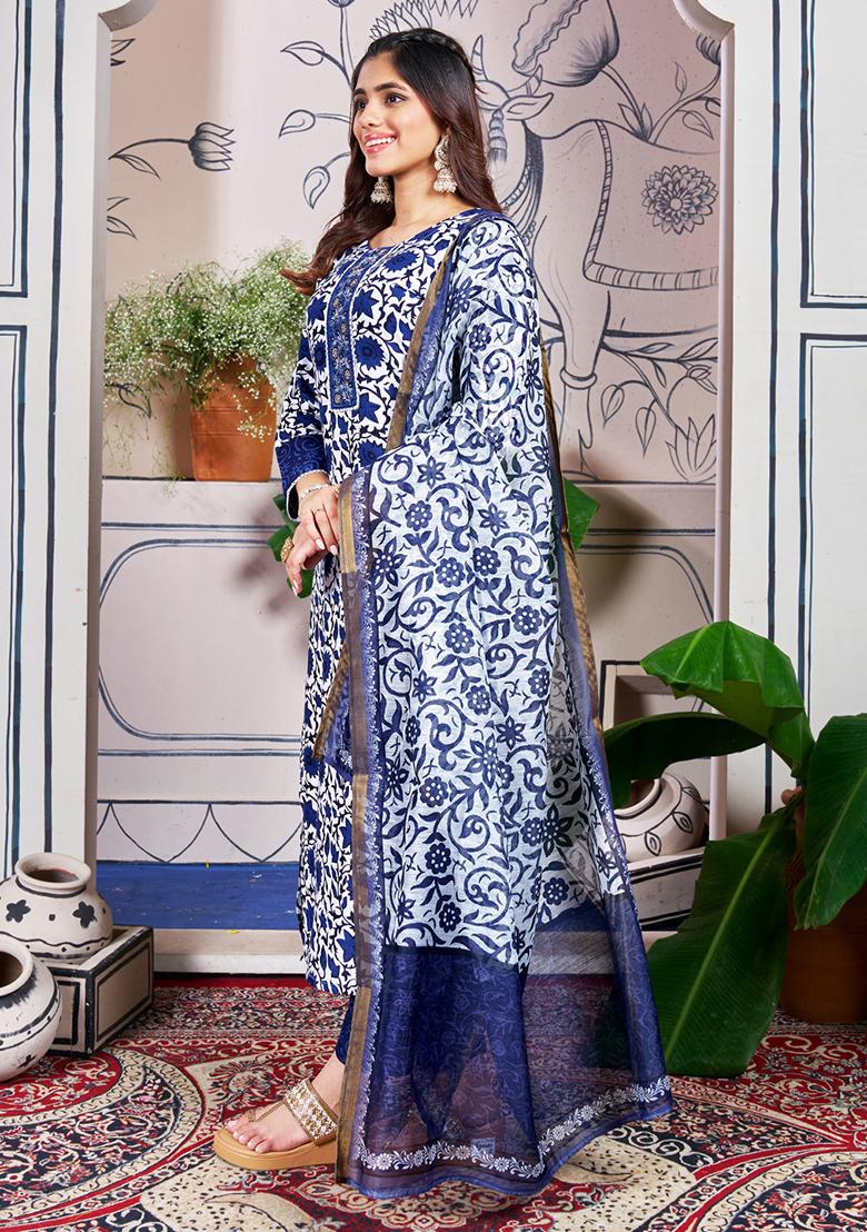 Blue Embroidered Rayon Kurta Set
