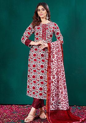 Red Embroidered Rayon Kurta Set