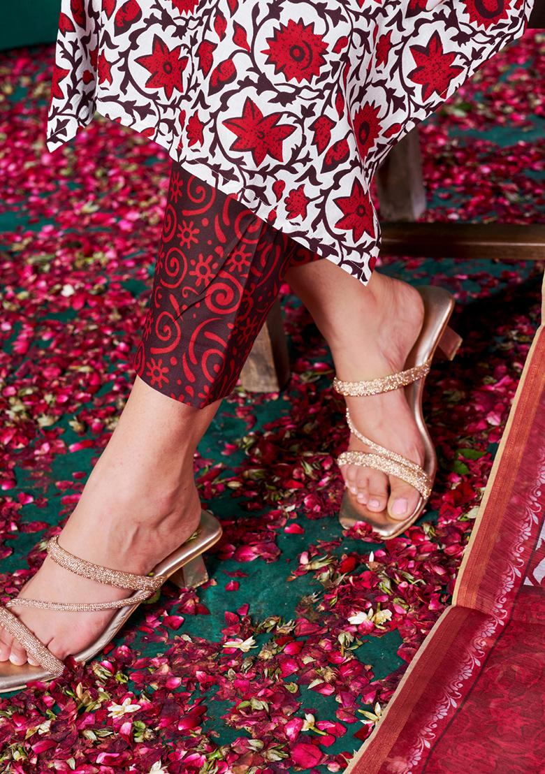 Red Embroidered Rayon Kurta Set