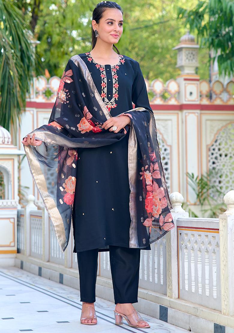 Black Embroidered Polyester Kurta Set