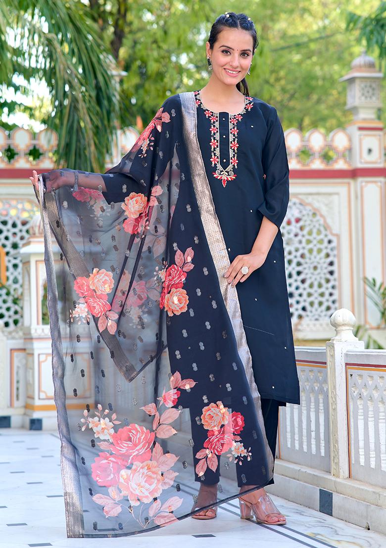 Black Embroidered Polyester Kurta Set