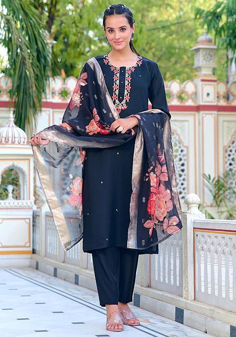 Black Embroidered Polyester Kurta Set
