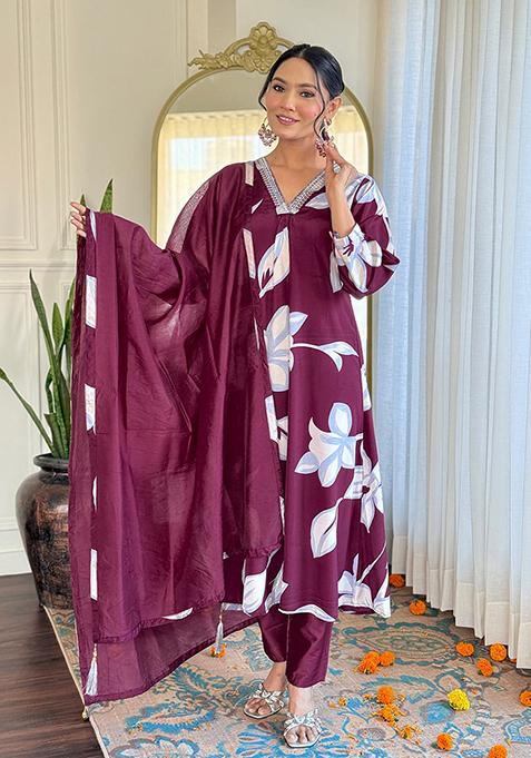 Wine Embroidered Crepe Kurta Set