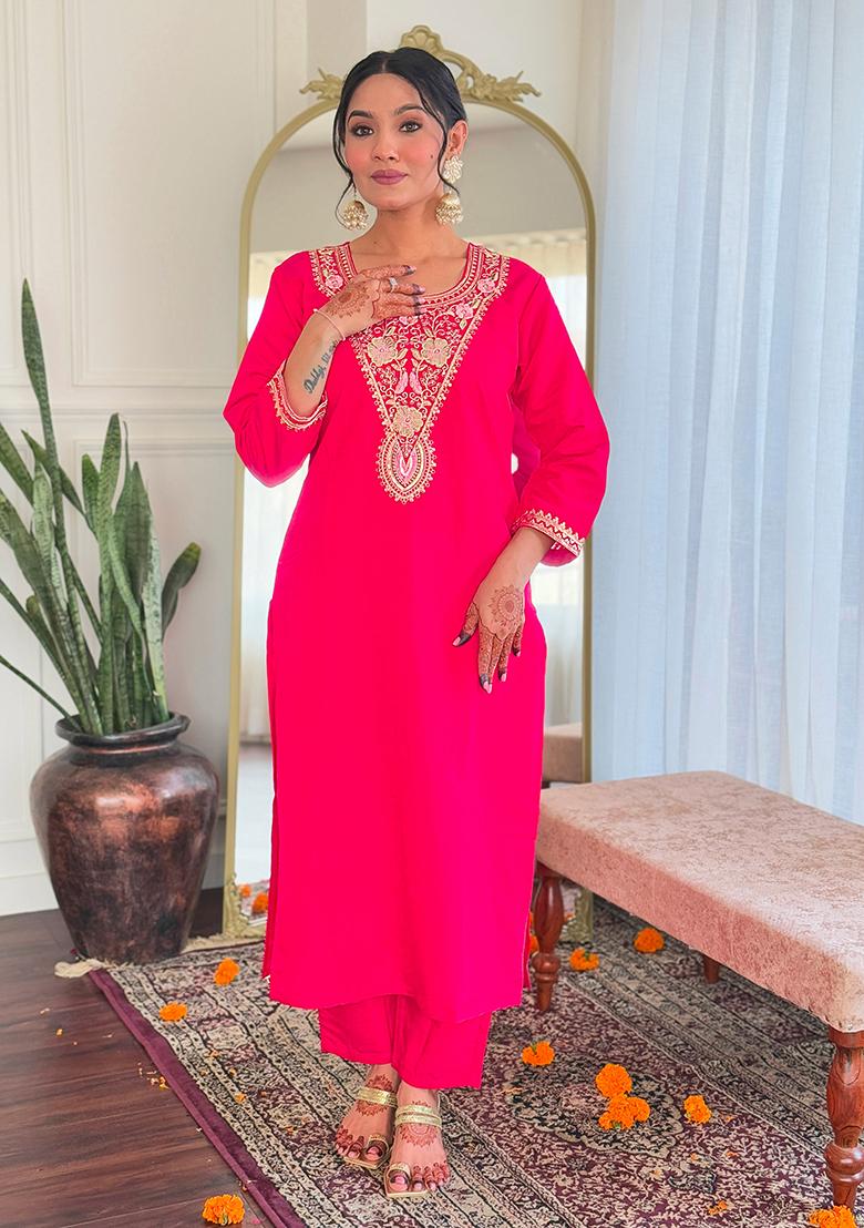 Pink Embroidered Chanderi Kurta Set