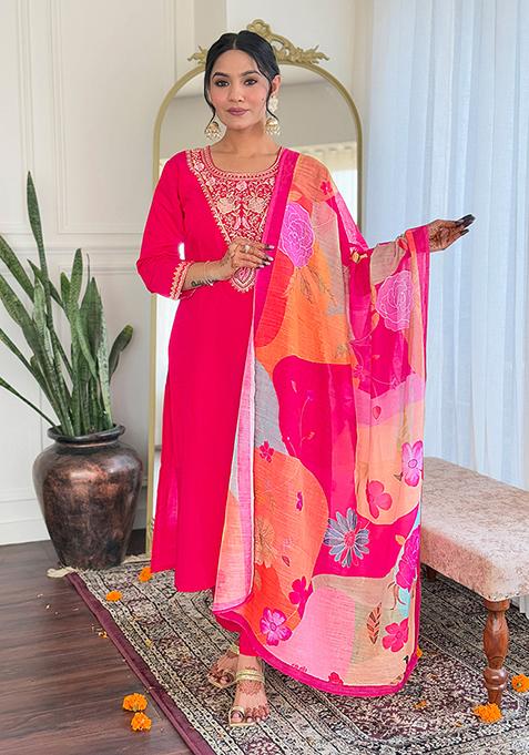Pink Embroidered Chanderi Kurta Set