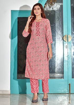 Peach Printed Cotton Kurta Set
