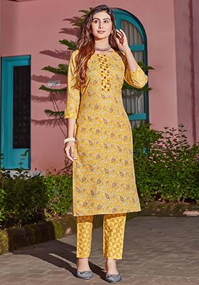 Yellow Printed Cotton Kurta Set