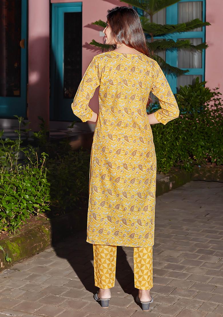 Yellow Printed Cotton Kurta Set