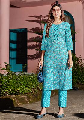 Blue Printed Cotton Kurta Set