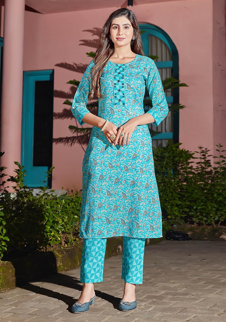 Blue Printed Cotton Kurta Set