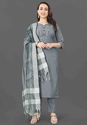 Grey Embroidered Cotton Kurta Set