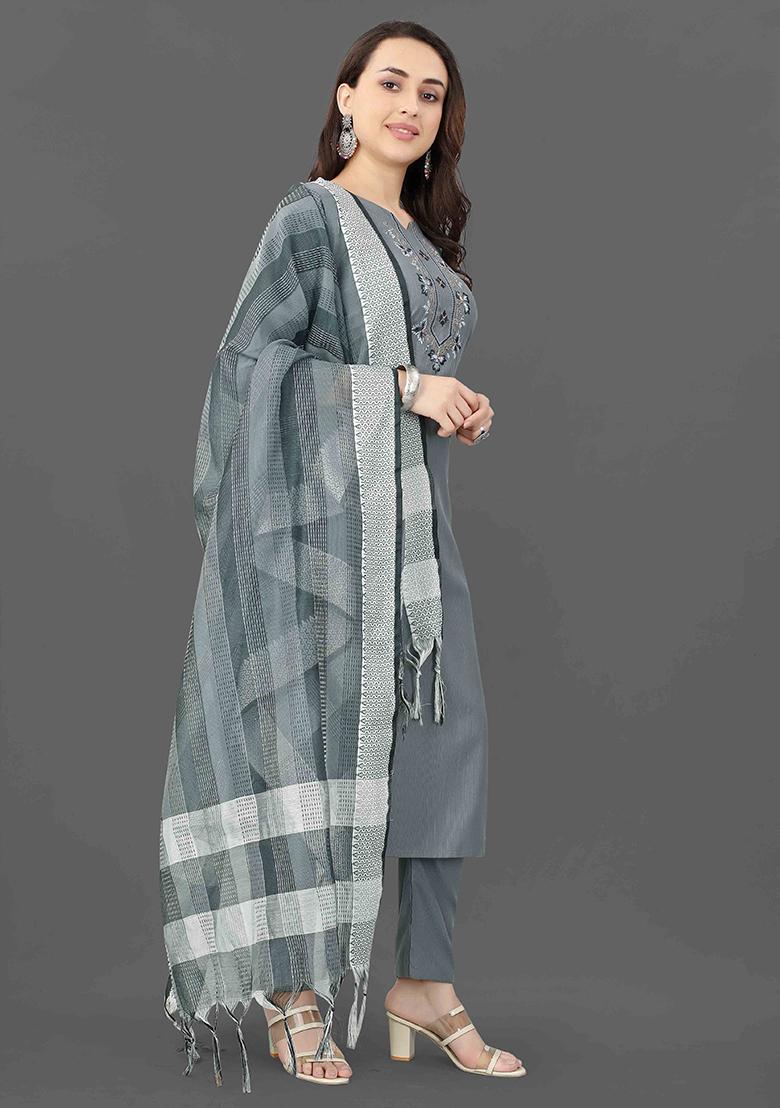Grey Embroidered Cotton Kurta Set