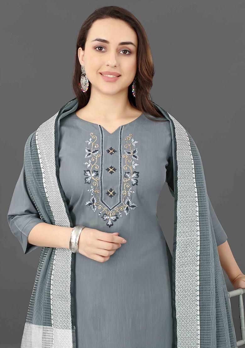 Grey Embroidered Cotton Kurta Set