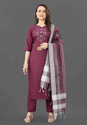 Purple Embroidered Cotton Kurta Set