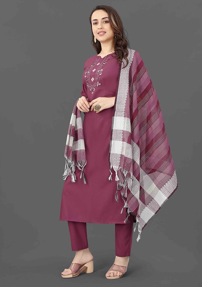 Purple Embroidered Cotton Kurta Set