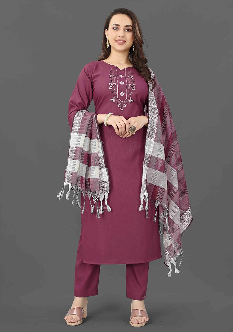 Purple Embroidered Cotton Kurta Set