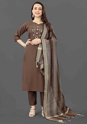 Brown Embroidered Cotton Kurta Set