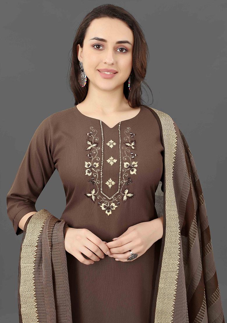 Brown Embroidered Cotton Kurta Set