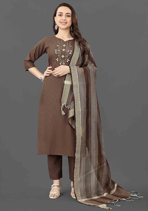 Brown Embroidered Cotton Kurta Set