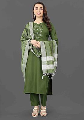 Green Embroidered Cotton Kurta Set