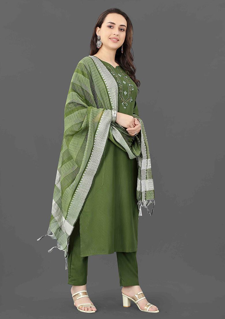 Green Embroidered Cotton Kurta Set