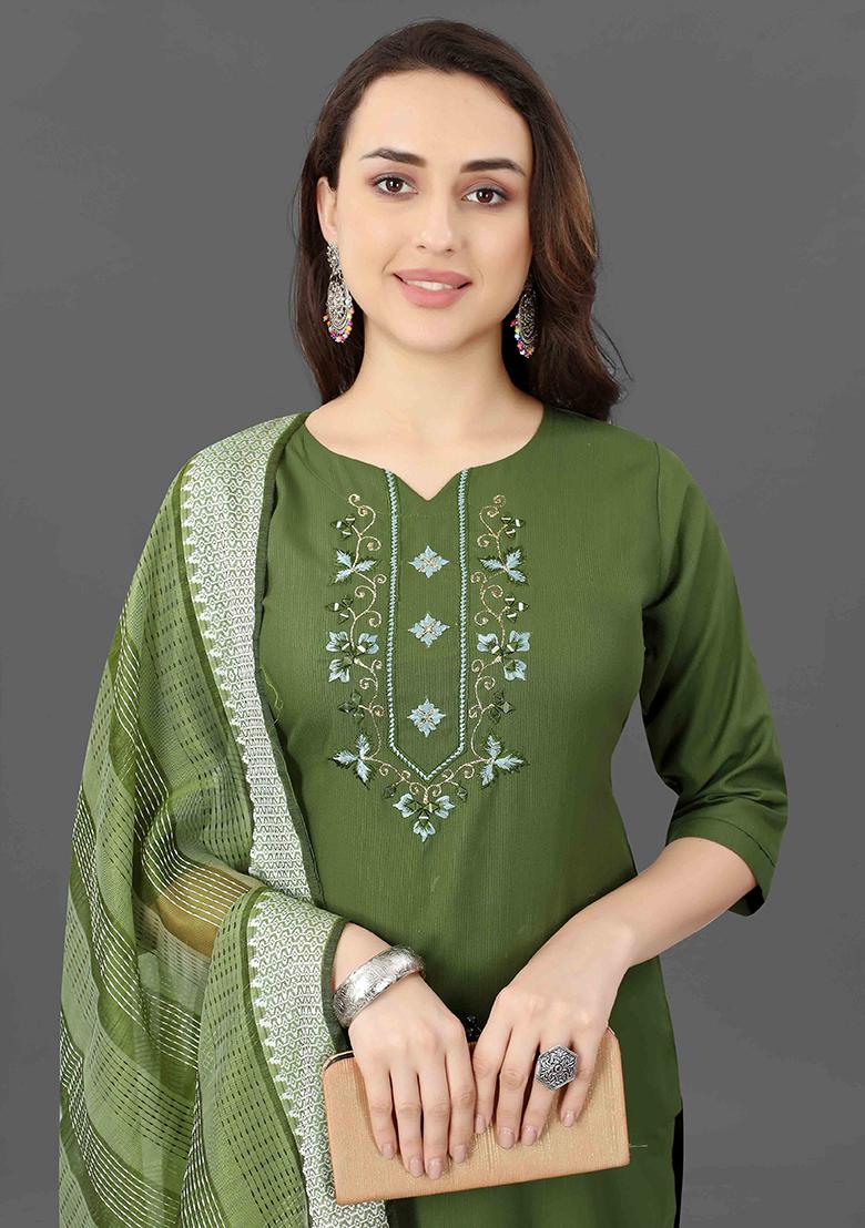 Green Embroidered Cotton Kurta Set