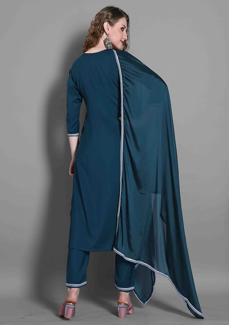 Blue Embroidered Silk Blend Kurta Set