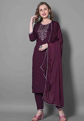 Wine Embroidered Silk Blend Kurta Set