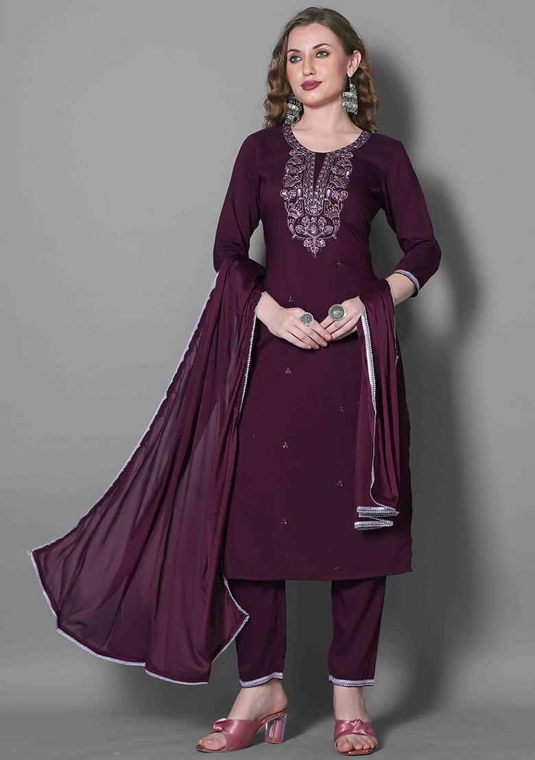 Wine Embroidered Silk Blend Kurta Set