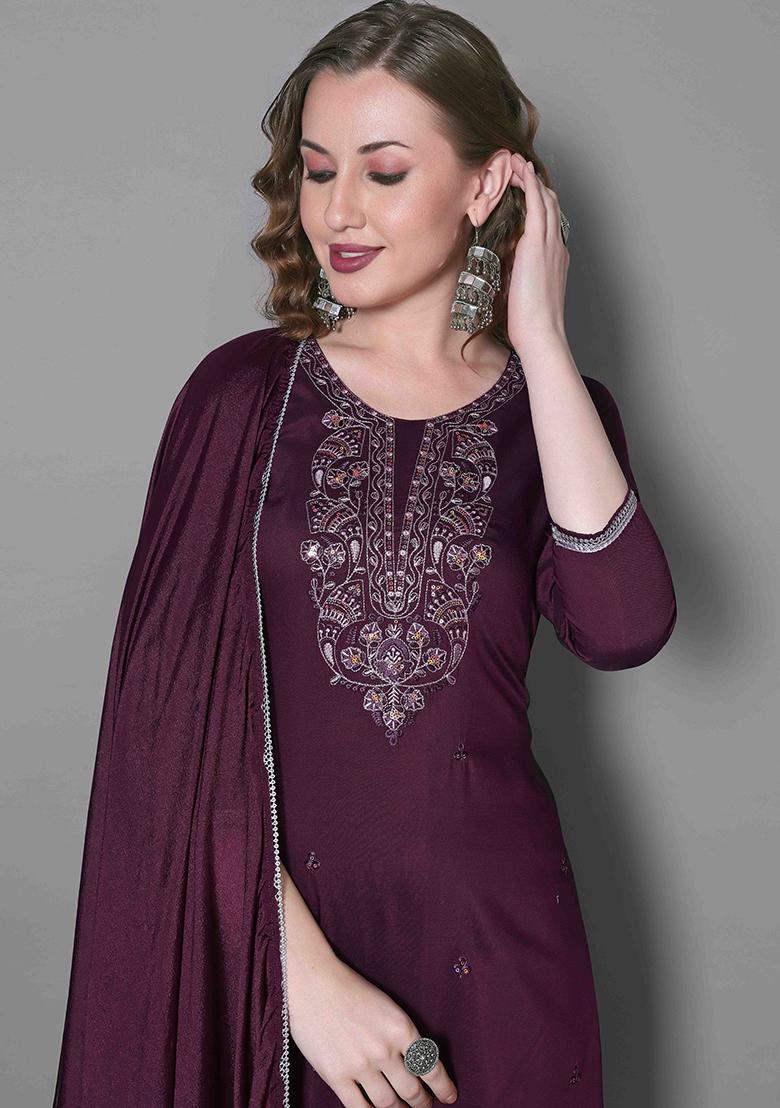 Wine Embroidered Silk Blend Kurta Set