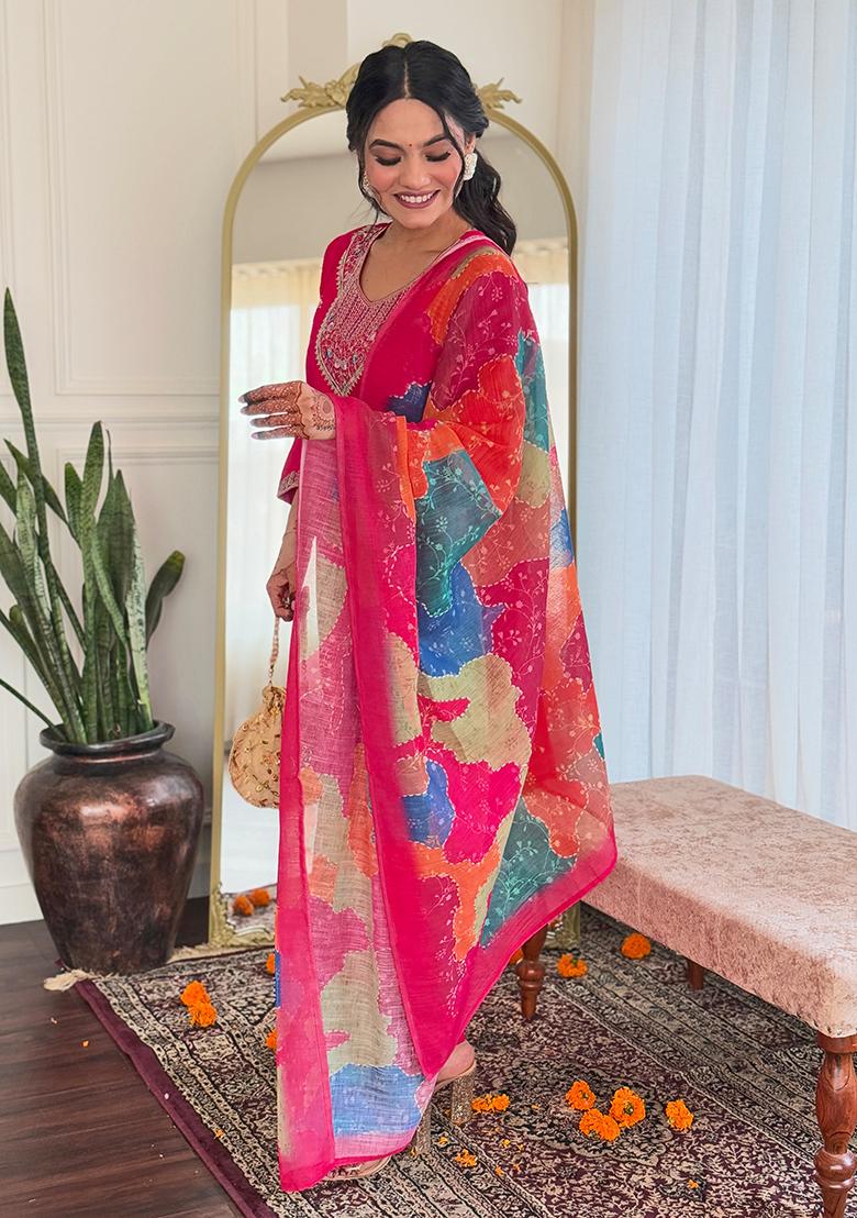 Pink Embroidered Chanderi Kurta Set