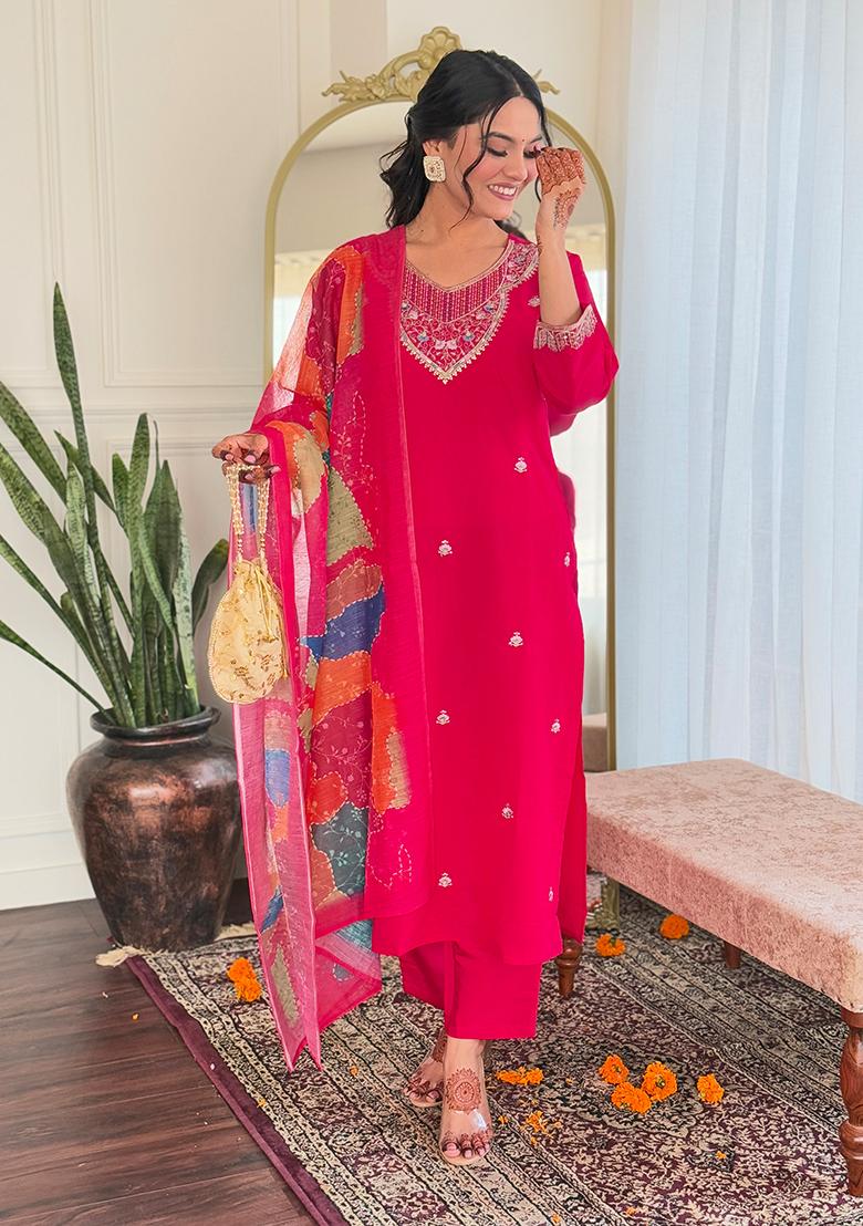 Pink Embroidered Chanderi Kurta Set