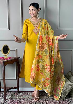 Yellow Embroidered Chanderi Kurta Set