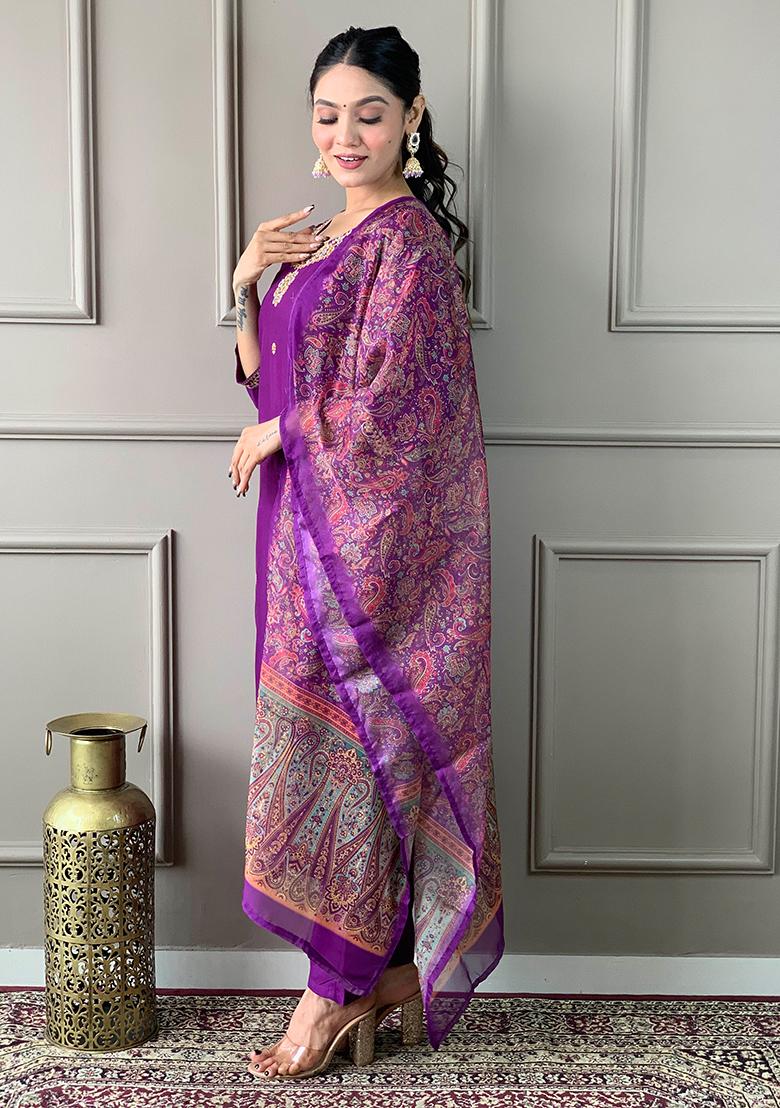 Wine Embroidered Rayon Slub Kurta Set