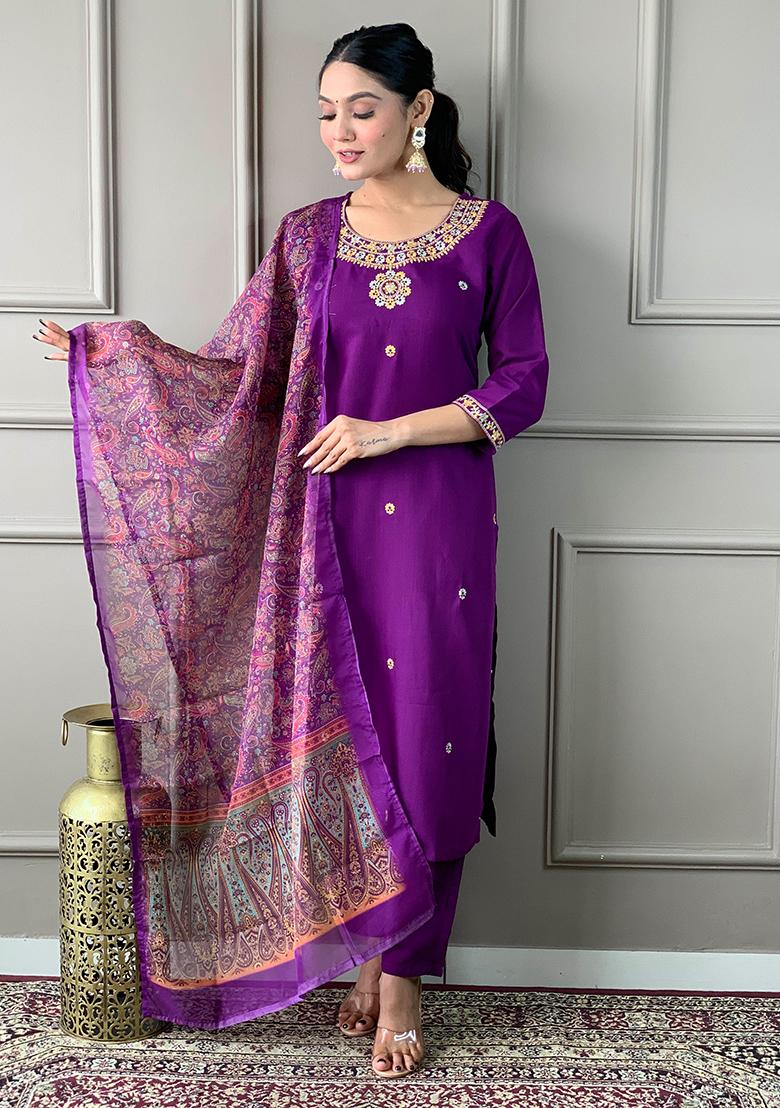 Wine Embroidered Rayon Slub Kurta Set