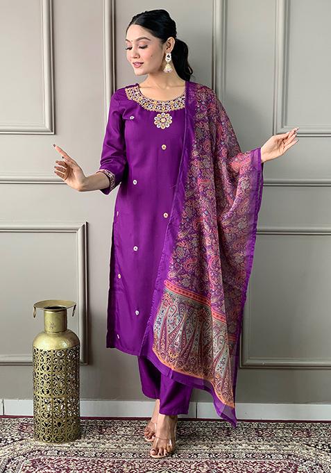 Wine Embroidered Rayon Slub Kurta Set