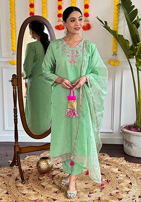 Green Embroidered Chanderi Kurta Set