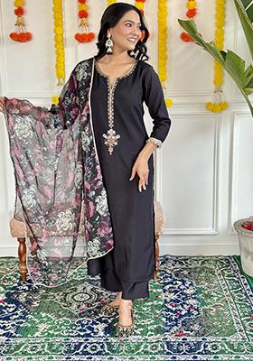 Black Embroidered Rayon Kurta Set