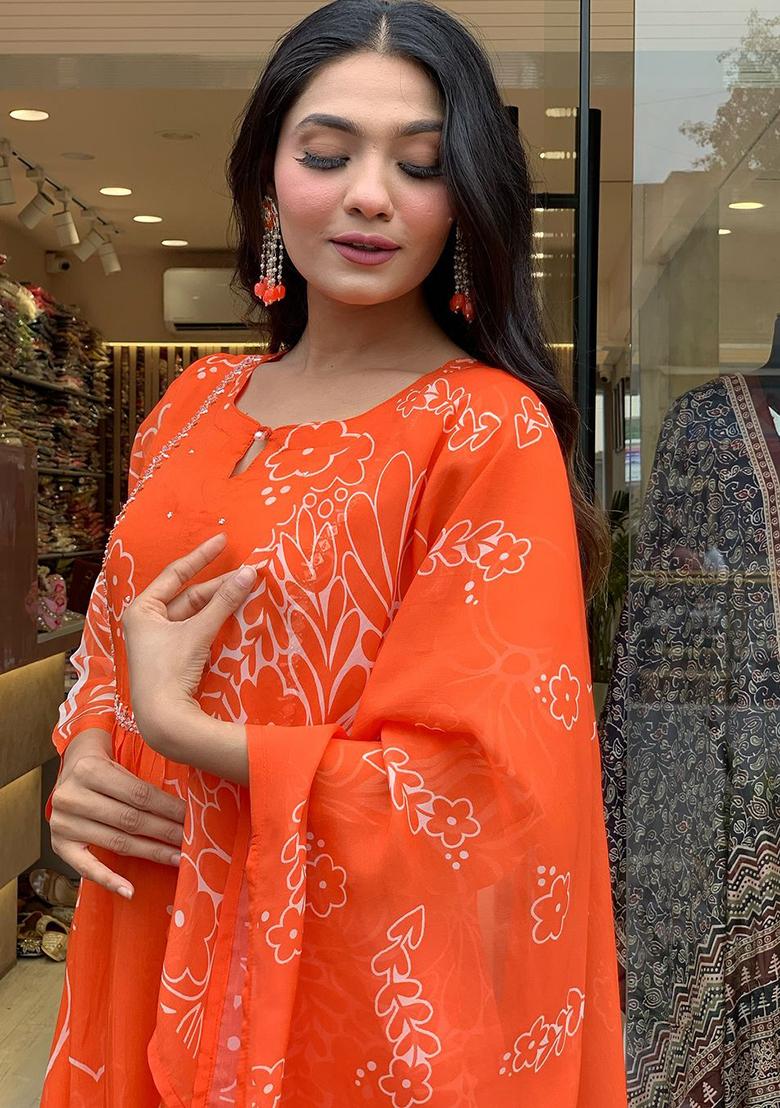 Orange Embroidered Georgette Kurta Set