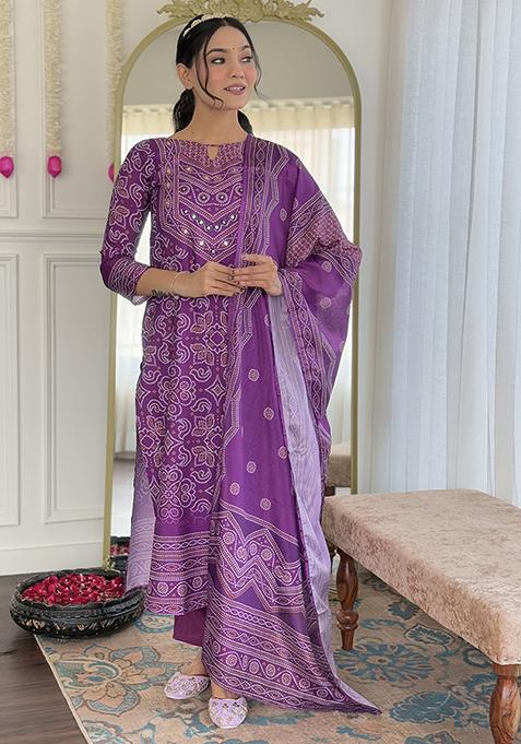 Purple Printed Crepe Kurta Set