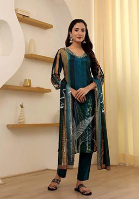 Multi Embroidered Rayon Slub Kurta Set