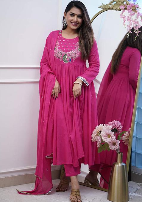 Pink Embroidered Chinon Kurta Set