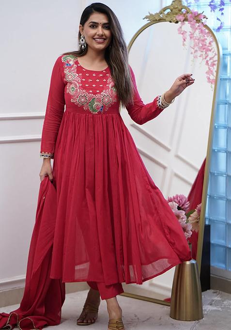 Maroon Embroidered Chinon Kurta Set