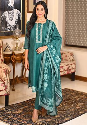 Green Printed Rayon Slub Kurta Set