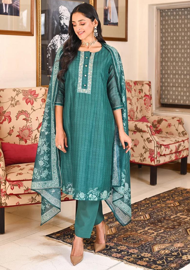 Green Printed Rayon Slub Kurta Set