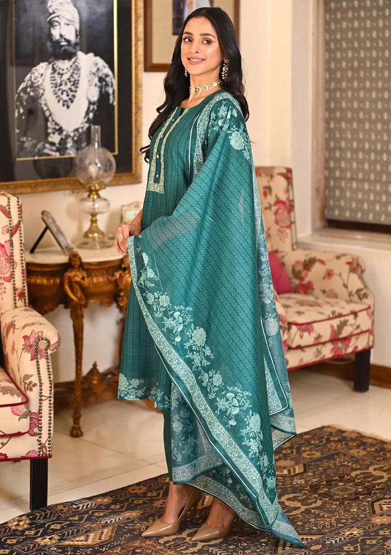 Green Printed Rayon Slub Kurta Set