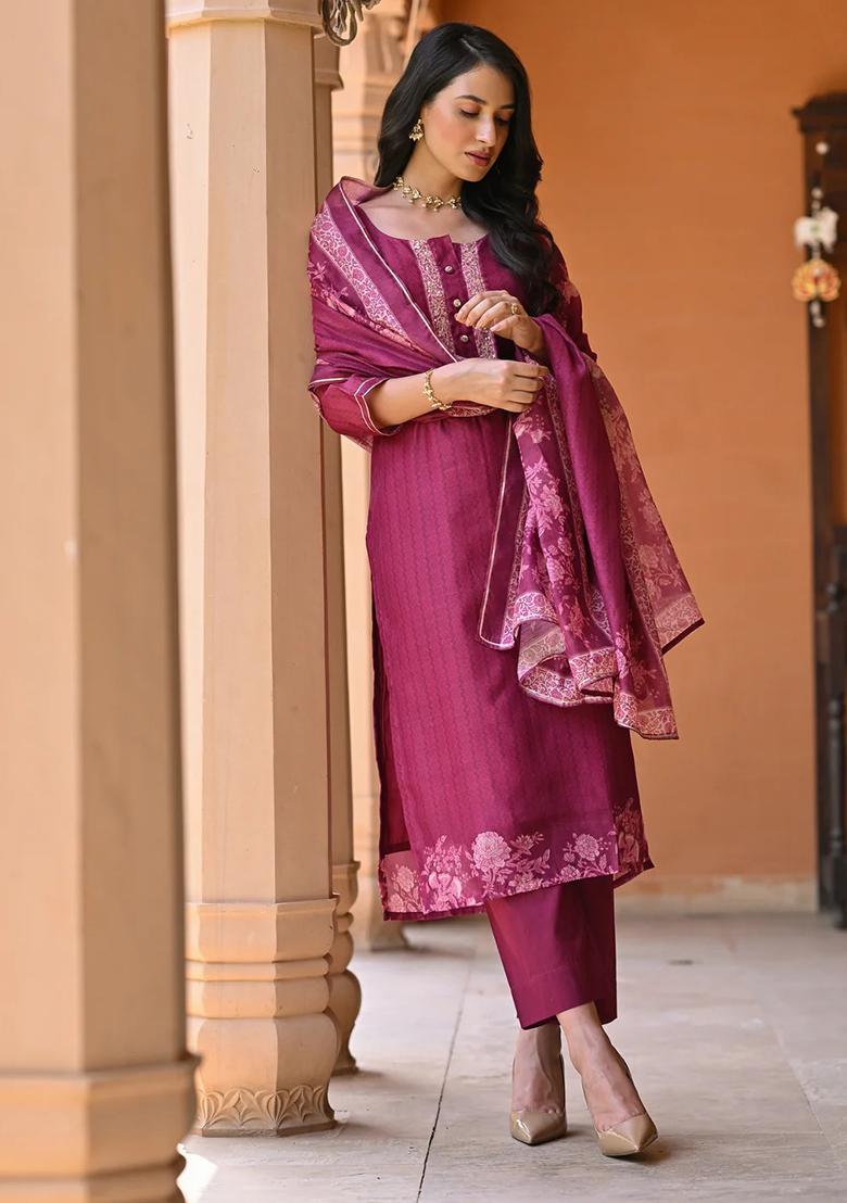 Pink Printed Rayon Slub Kurta Set